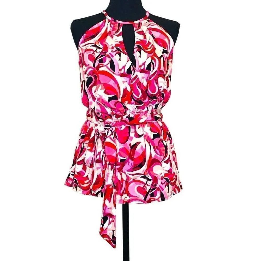 INC International Concepts Abstract Print Keyhole Halter Peplum Blouse Pink XS